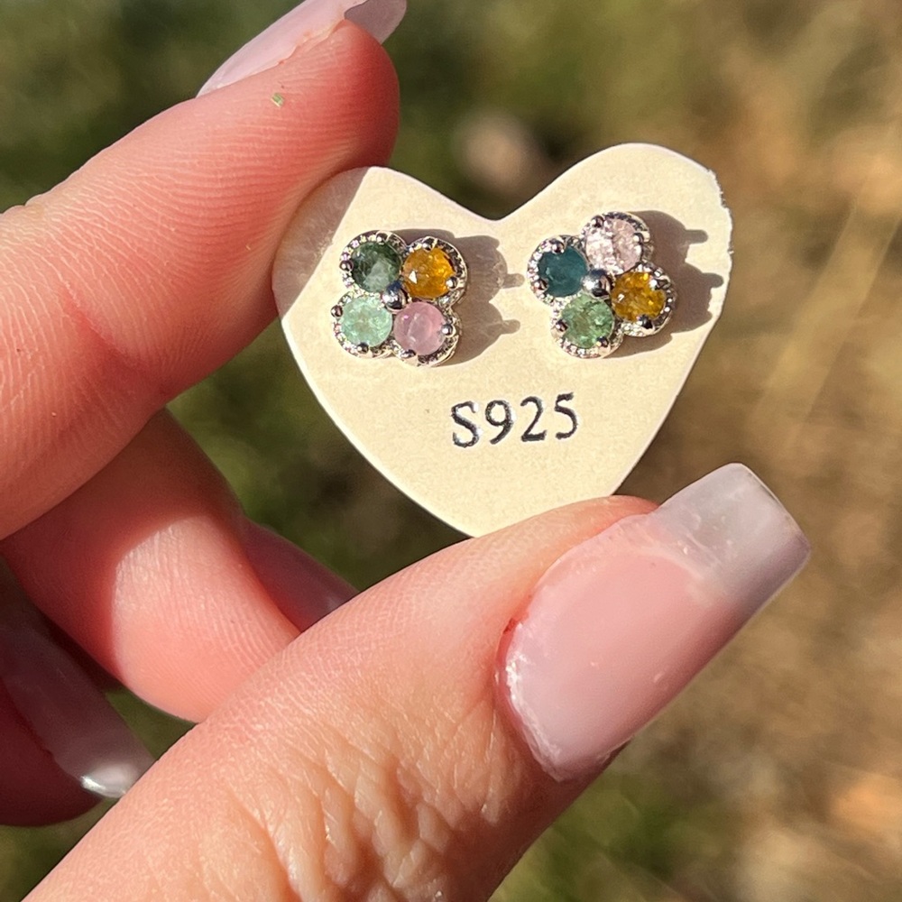 S925 tourmaline clover earrings
